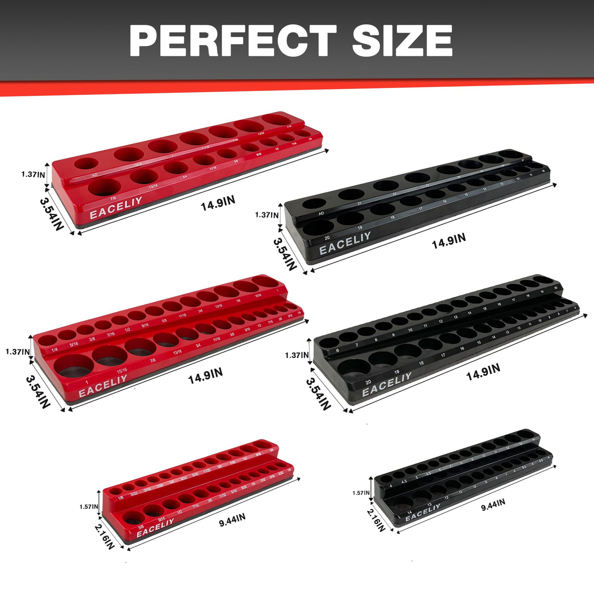 EACELIY 6Pcs Magnetic Socket Organizer Set, 1/2", 1/4" and 3/8" SAE & Metric Deep & Shallow Socket Holder Kit, Socket Trays，holds 143pcs Sockets (sockets not included)