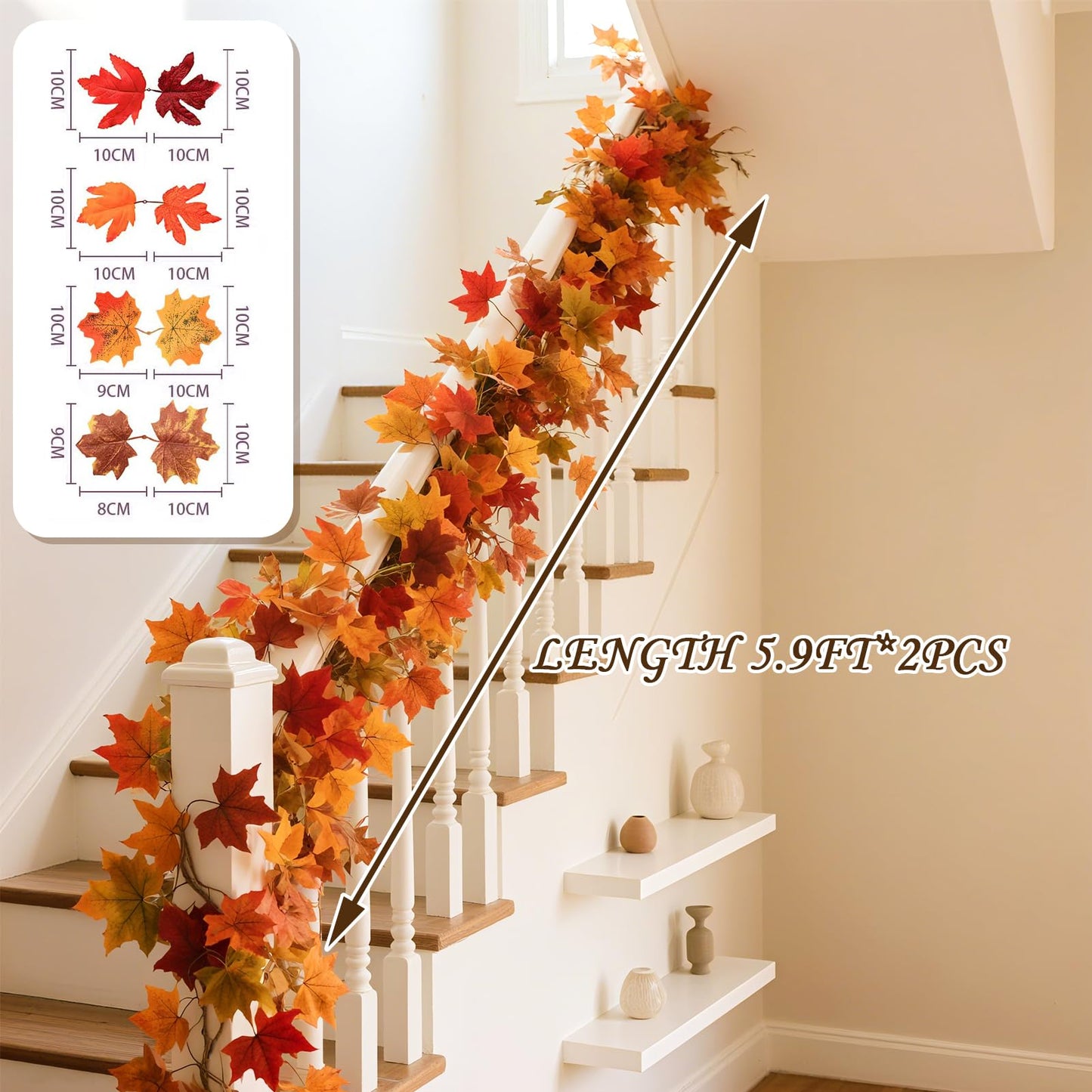 Fall Leaves Garland, 2 Pack Artificial Fall Garland Maple Leaf 5.9Ft/Pieces Fall Decor Autumn Thanksgiving Decor Easy Hanging for Mantel & Table (Red)