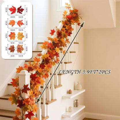 Fall Leaves Garland, 2 Pack Artificial Fall Garland Maple Leaf 5.9Ft/Pieces Fall Decor Autumn Thanksgiving Decor Easy Hanging for Mantel & Table (Red)
