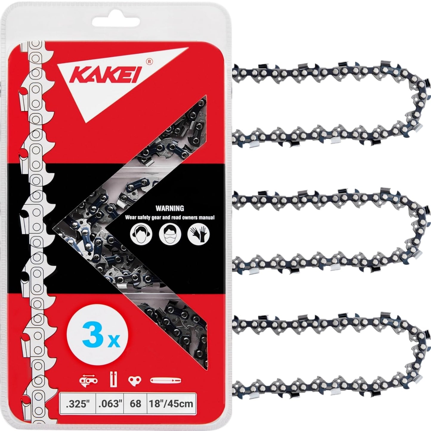 KAKEI Stihl Chainsaw Chain 18 Inch .325" Pitch .063" Gauge 68 Drive Links- 26RS 68 Fits Stihl (PRE 2023 .063" Gauge) 025, MS250, MS251-36390050068, V68 (3 Chains)