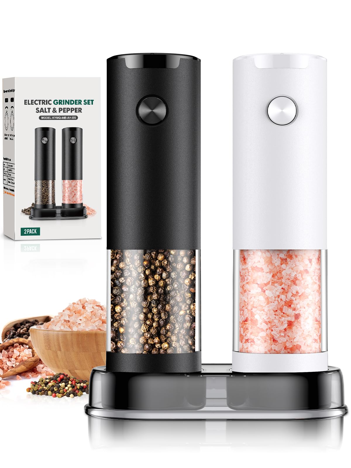 Electric Salt and Pepper Grinder Set Automatic Battery Pepper Mill Shakers Adjustable Coarseness Easy Filling Upgraded Larger Capacity with Led (2 Pack Black/White）