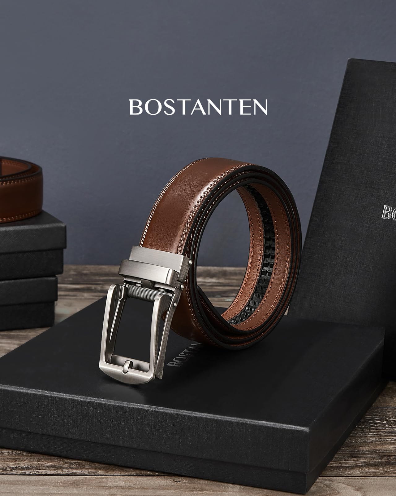 BOSTANTEN Mens Belt Leather Ratchet 1 3/8'' Belt For Men Gift Dress and Casual with Adjustable Buckle, Trim to Fit