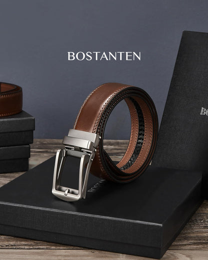 BOSTANTEN Mens Belt Leather Ratchet 1 3/8'' Belt For Men Gift Dress and Casual with Adjustable Buckle, Trim to Fit