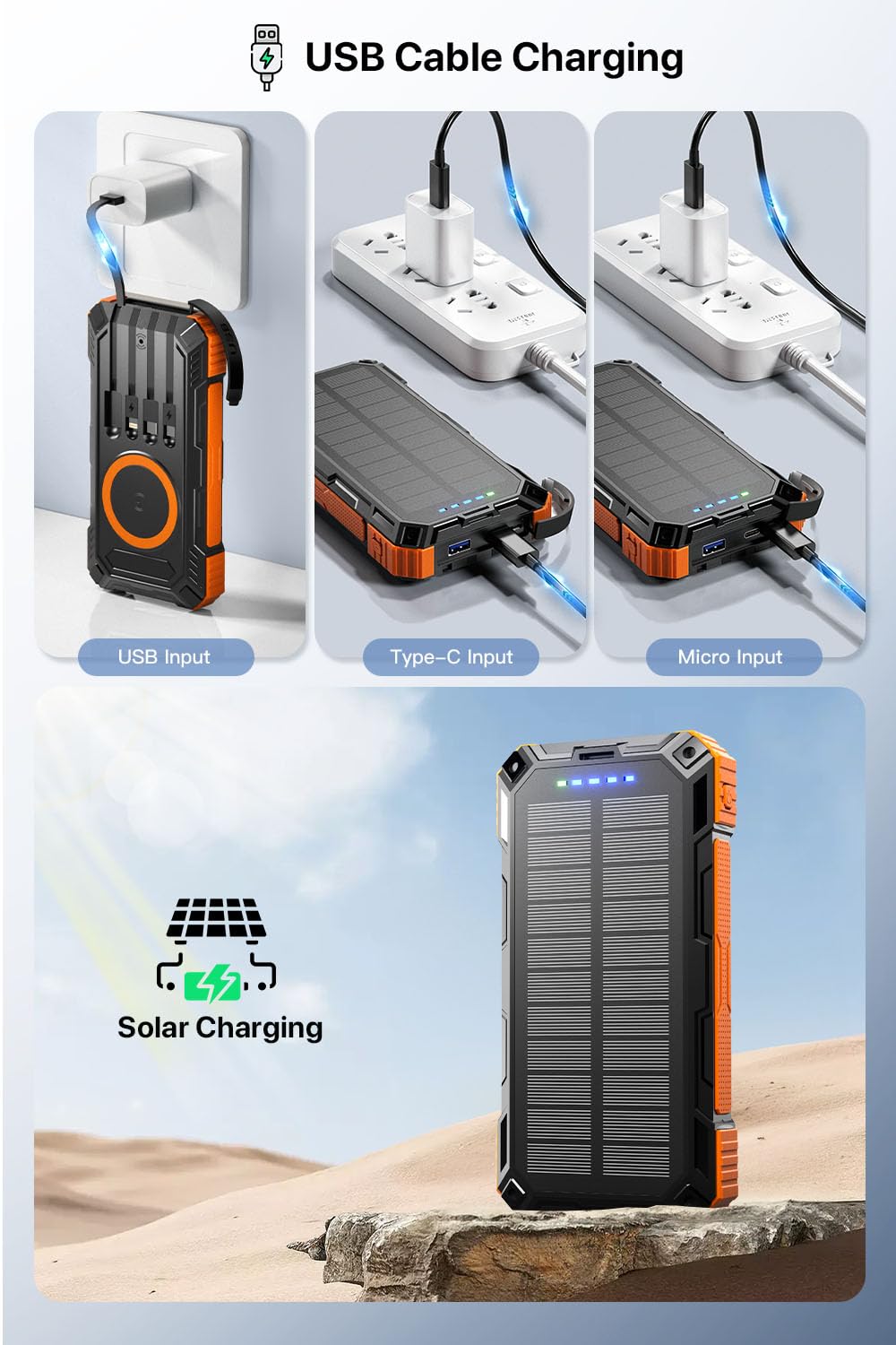 Solar Power Bank 49800mAh Wireless Portable Charger with USB-C 15W Fast Charging with 4 Built-in Cables LED Flashlight Battery Pack Compatible with iPhone, iPad, Galaxy, Perfect for Camping, Hiking