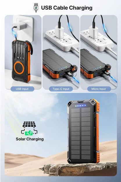 Solar Power Bank 49800mAh Wireless Portable Charger with USB-C 15W Fast Charging with 4 Built-in Cables LED Flashlight Battery Pack Compatible with iPhone, iPad, Galaxy, Perfect for Camping, Hiking