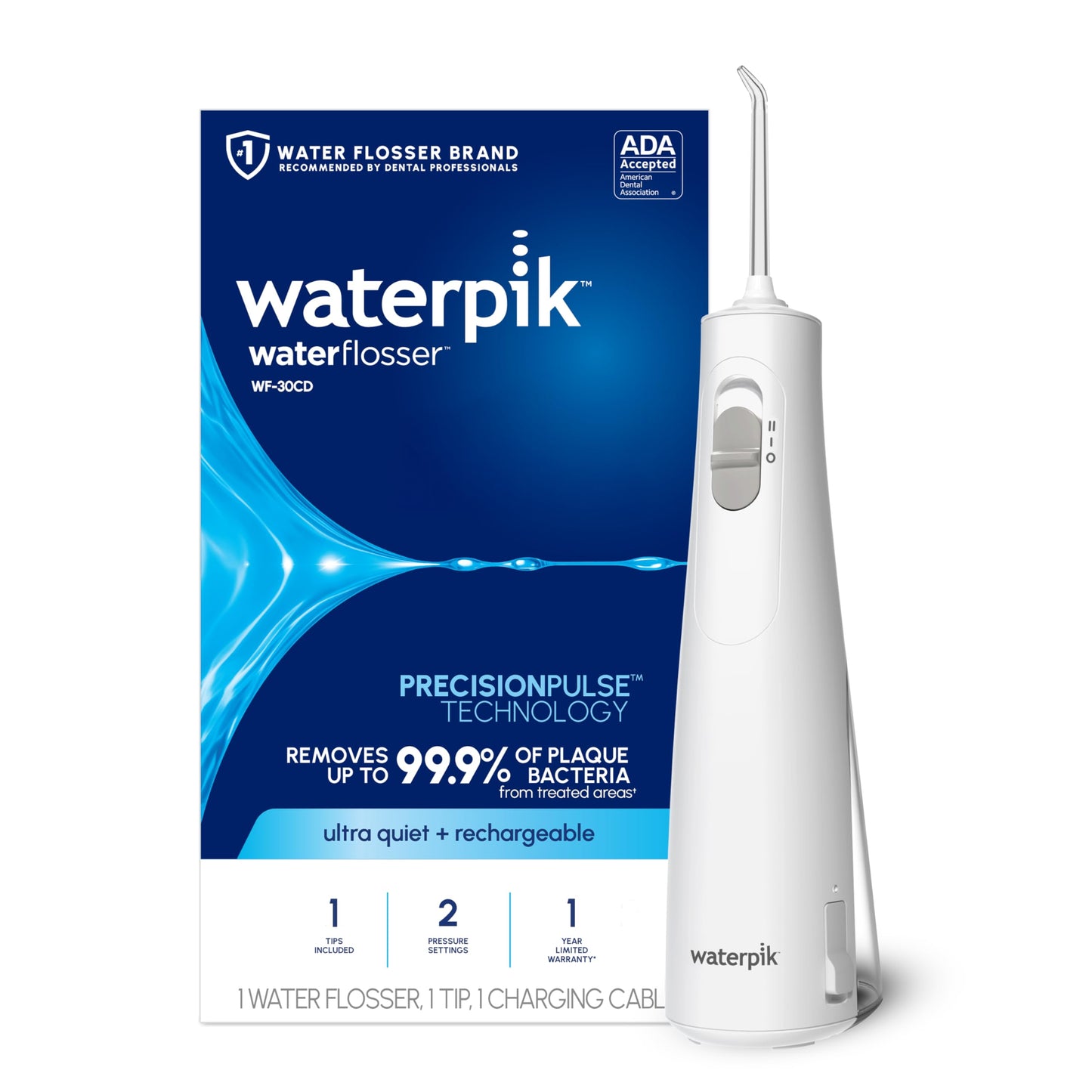 Waterpik Cordless 1100 Rechargeable Portable Water Flosser for Teeth Cleaning and Flossing, Travel, Braces Care, Healthier Gums, Waterproof for Shower, ADA Accepted, WF-30CD White, Packaging May Vary