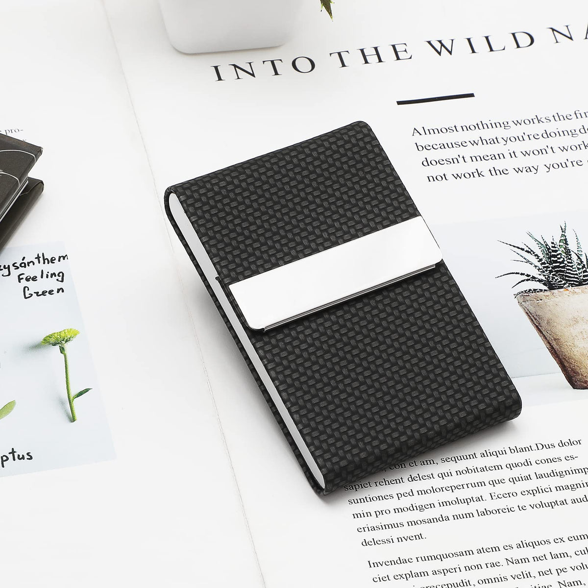MaxGear Business Card Holder, PU Leather & Stainless Steel Business Card Case for Men or Women, Slim Name Cards Holder RFID Blocking Credit Cards Carrier with Magnetic Closure, Black Carbon