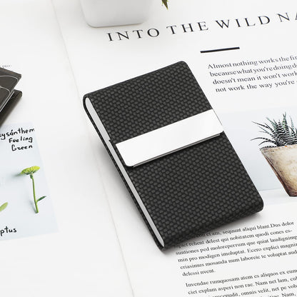 MaxGear Business Card Holder, PU Leather & Stainless Steel Business Card Case for Men or Women, Slim Name Cards Holder RFID Blocking Credit Cards Carrier with Magnetic Closure, Black Carbon
