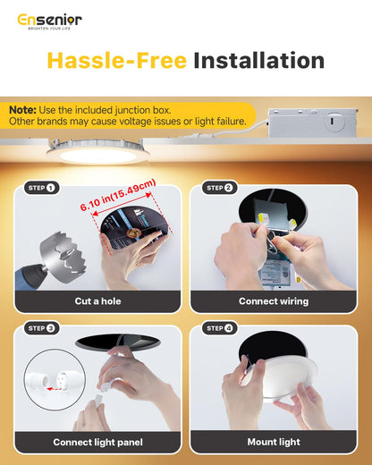 Ensenior 12 Pack 6 Inch LED Recessed Ceiling Light, Dimmable, 2700K-5000K 5CCT, 1200LM 12W 120V, High Brightness Canless Wafer Downlight - ETL&FCC&IC