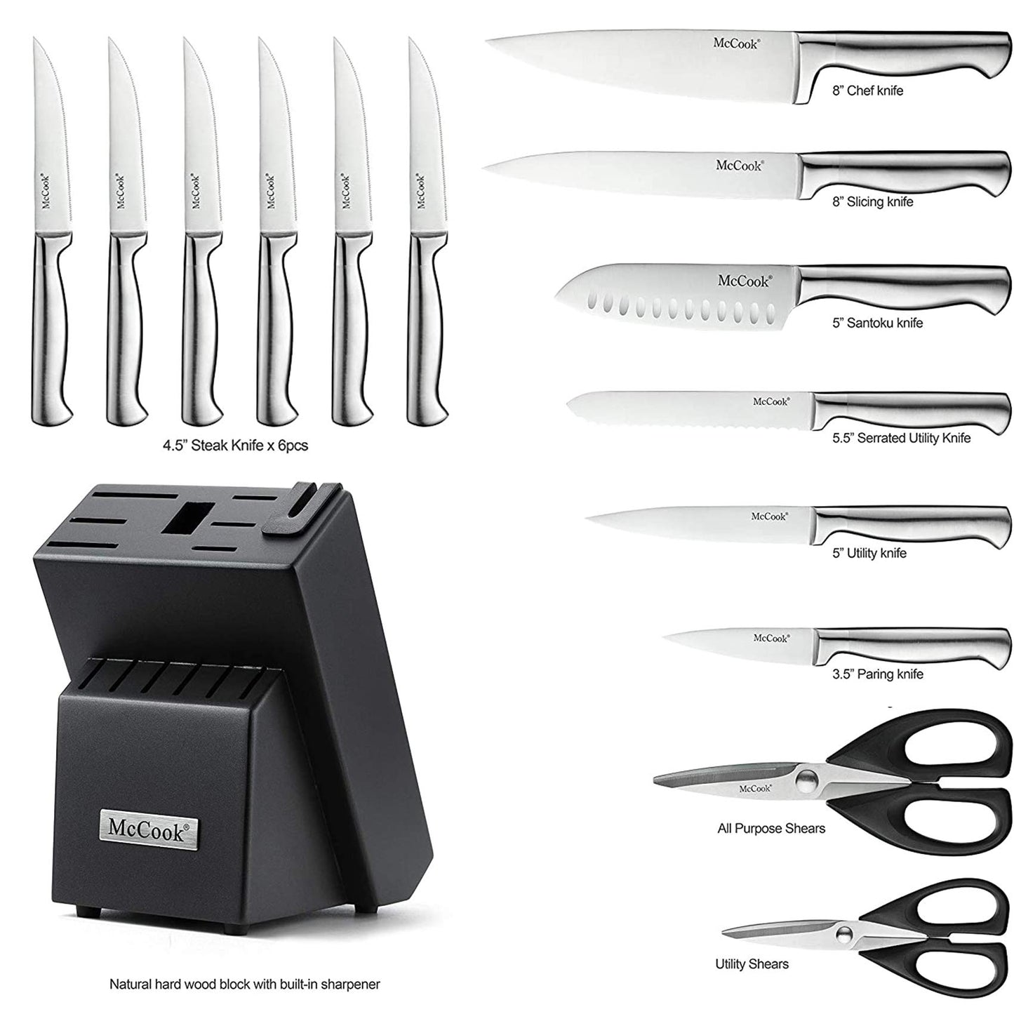 McCook® Knife Sets, German Stainless Steel Knife Block Sets with Built-in Sharpener