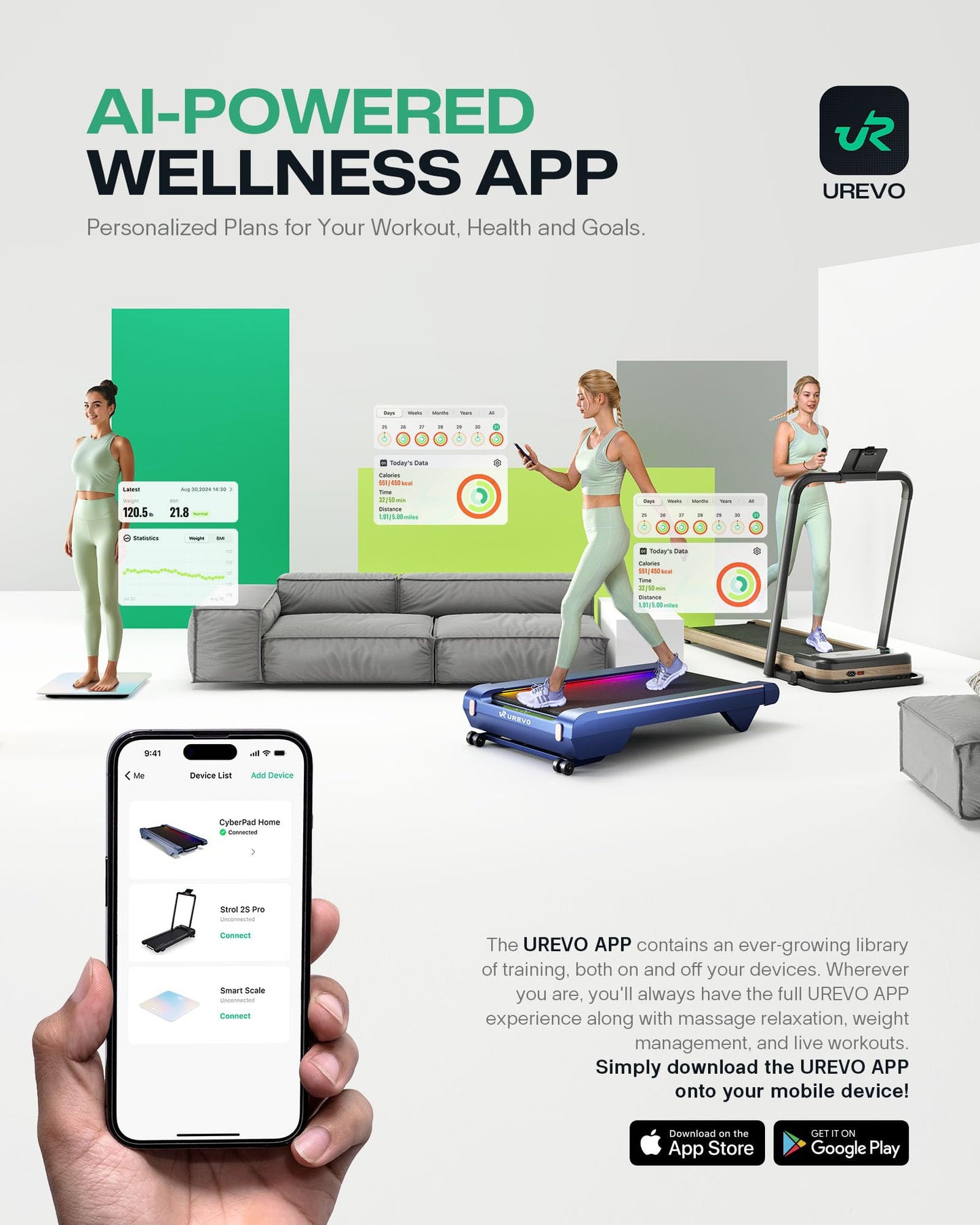 UREVO Walking Pad Treadmill, Under Desk Treadmill for Home/Office, Walking Pad with Handle Bar, 2 in 1 Folding Treadmill with Remote Control, APP and LED Display