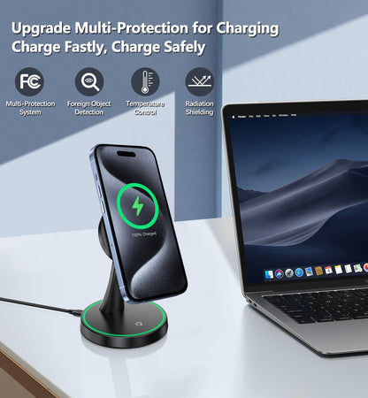 Magnetic Wireless Charger Stand 15W Fast Mag-Safe Charger for iPhone 17/17 pro/ 17 Air/ 17 pro max 16/15/14/13/12 Series Magnet Wireless Charging Station/Pad with Sleep-Friendly Light for AirPods