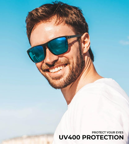 KALIYADI Polarized Sunglasses Men, Lightweight Mens Sunglasses Polarized UV Protection Driving Fishing Golf (Black/Ice Blue/Red)