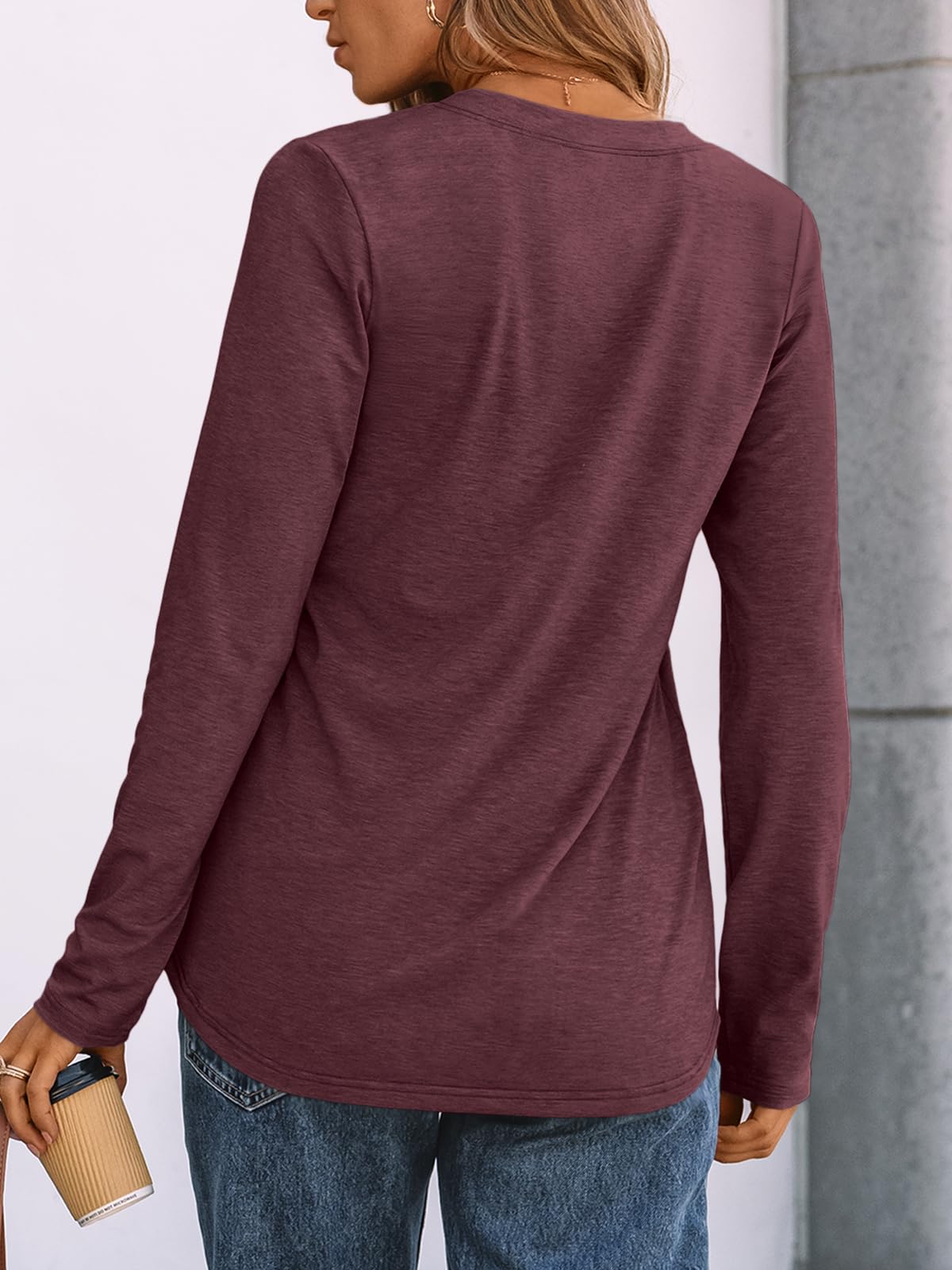 AUTOMET Long Sleeve Shirts for Women Blouses 2025 Fall Clothes Plus Size Dressy Casual Tops Henley Cute T Shirts Business Winter Clothing Spring Fashion Outfits Wine L