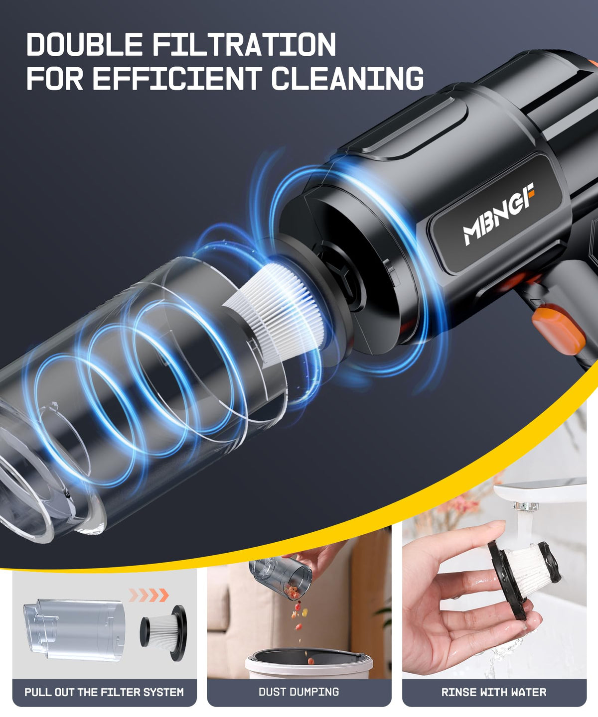 MBNGF Car Vacuum Portable Cordless, 35000PA High Power Suction & Blower, Wireless Handheld Vacuum Cleaner for Car, Home, Office, Pet(Abyssal Black)