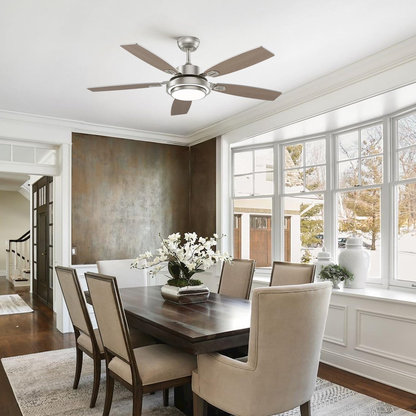 52 Inch Nickel Ceiling Fans with Lights and Remote Control for Bedroom, Modern Ceiling Fan with Quiet Reversible DC Motor, 3CCT, Dimmable, LED for Living Room, Patio, Indoor and Outdoor