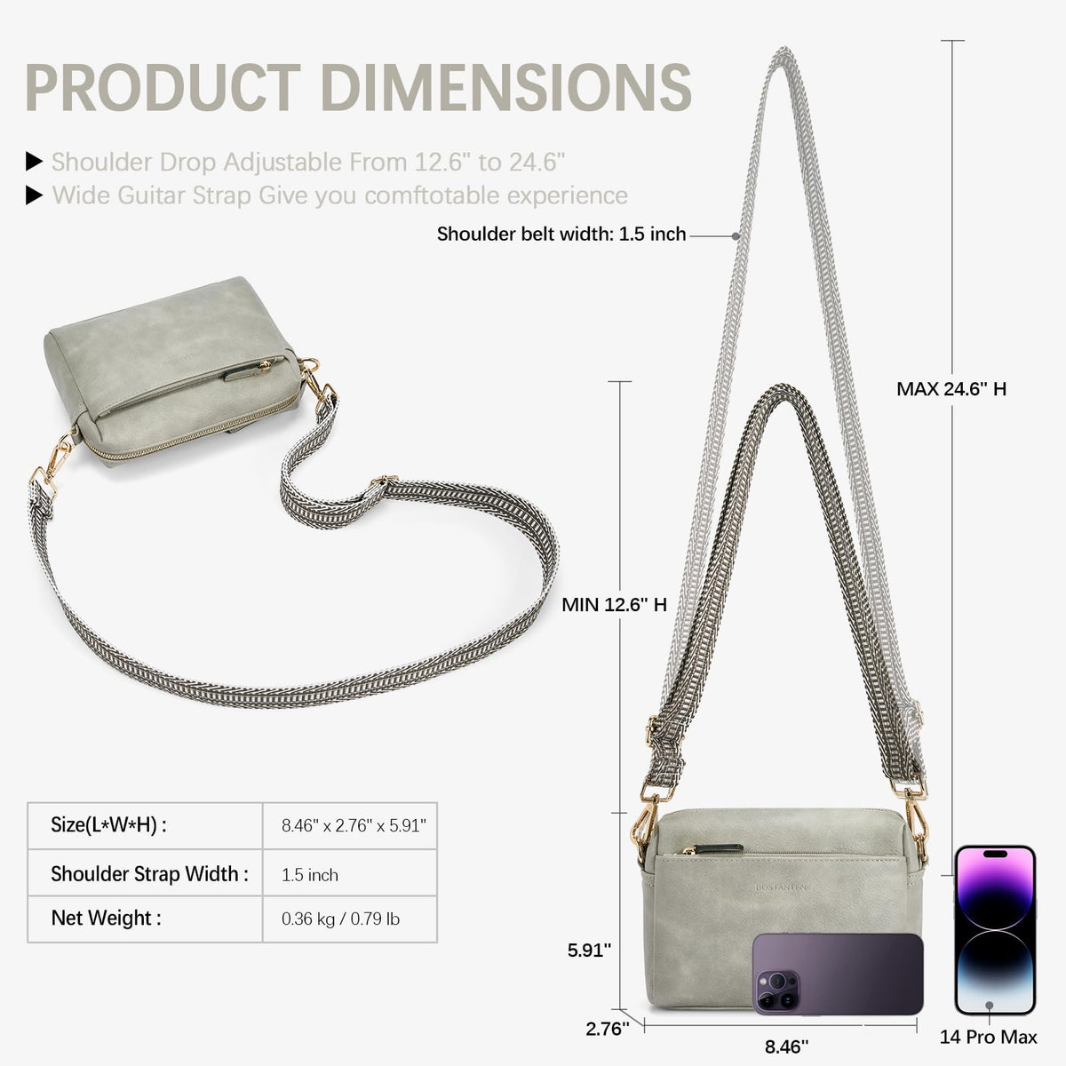 BOSTANTEN Small Crossbody Purse for Women Triple Zip Cell Phone Leather Shoulder Handbag with Wide Guitar Strap Grey