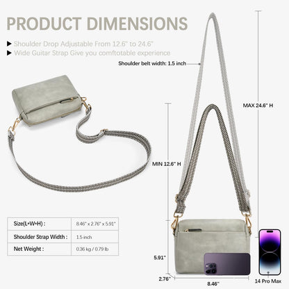 BOSTANTEN Small Crossbody Purse for Women Triple Zip Cell Phone Leather Shoulder Handbag with Wide Guitar Strap Grey
