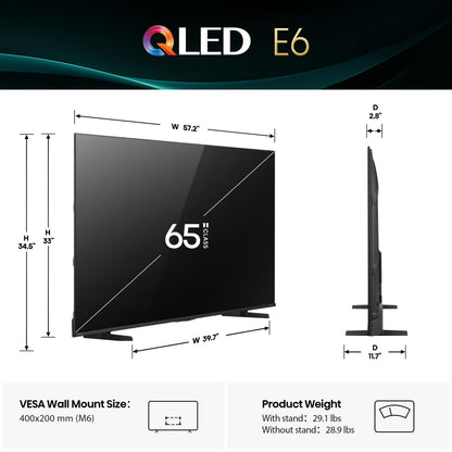 Hisense 65" E6 Cinema Series QLED 4K UHD Smart Fire TV (65E6QF, 2025 Model) - QLED, AI Light Sensor, Dolby Vision · Atmos, Voice Remote with Alexa, Motion Rate 120, HDR 10+ Adaptive, Game Mode Plus