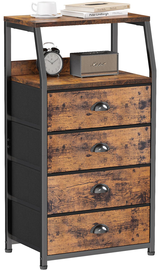 Furnulem Night Stand, Tall 4 Drawers Dresser for Bedroom, Hallway, Nursery, Closet Organizer, Nightstand Bedside Table Furniture, Vertical Storage Tower Fabric, Sturdy Steel Frame, Wood Top