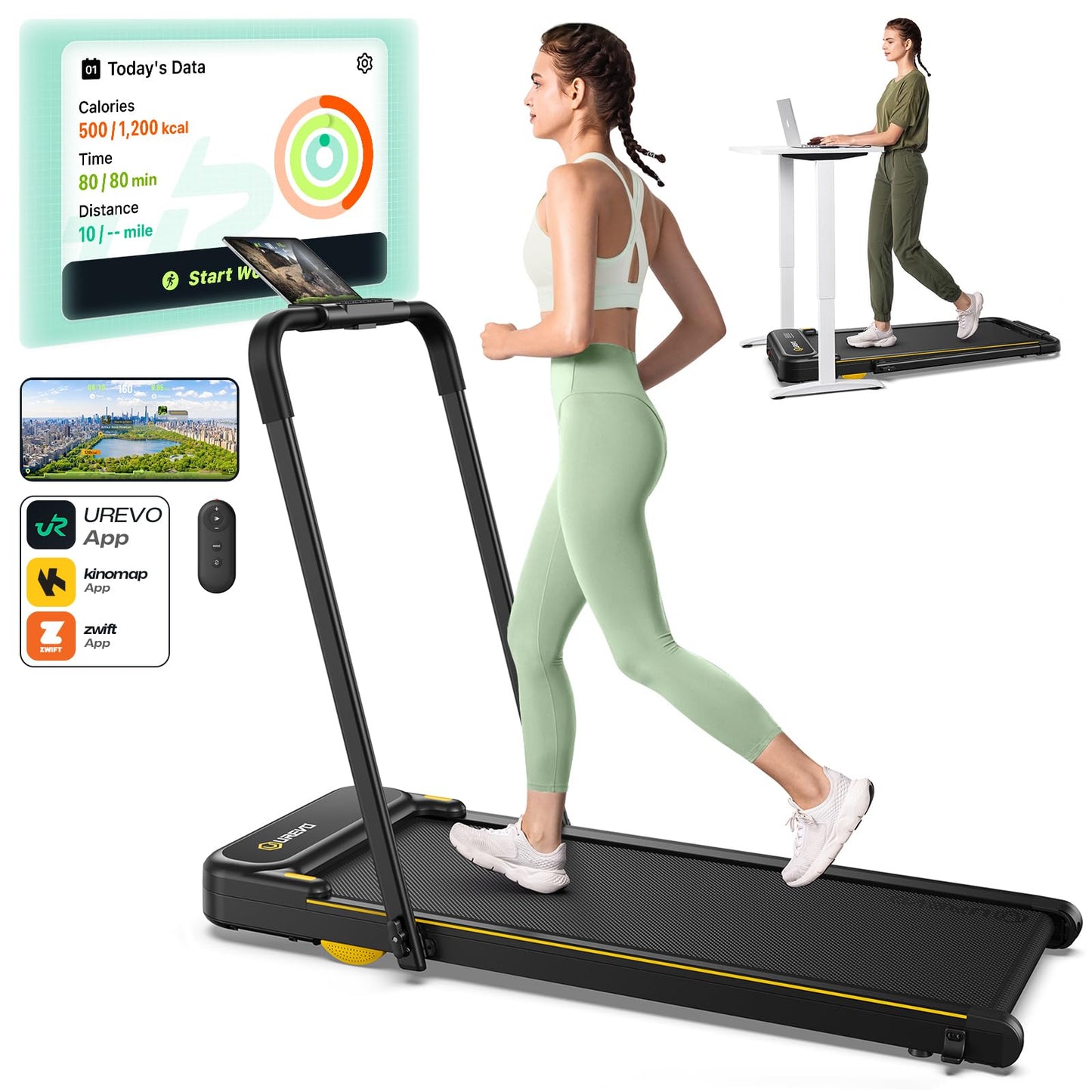 UREVO Walking Pad Treadmill, Under Desk Treadmill for Home/Office, Walking Pad with Handle Bar, 2 in 1 Folding Treadmill with Remote Control, APP and LED Display