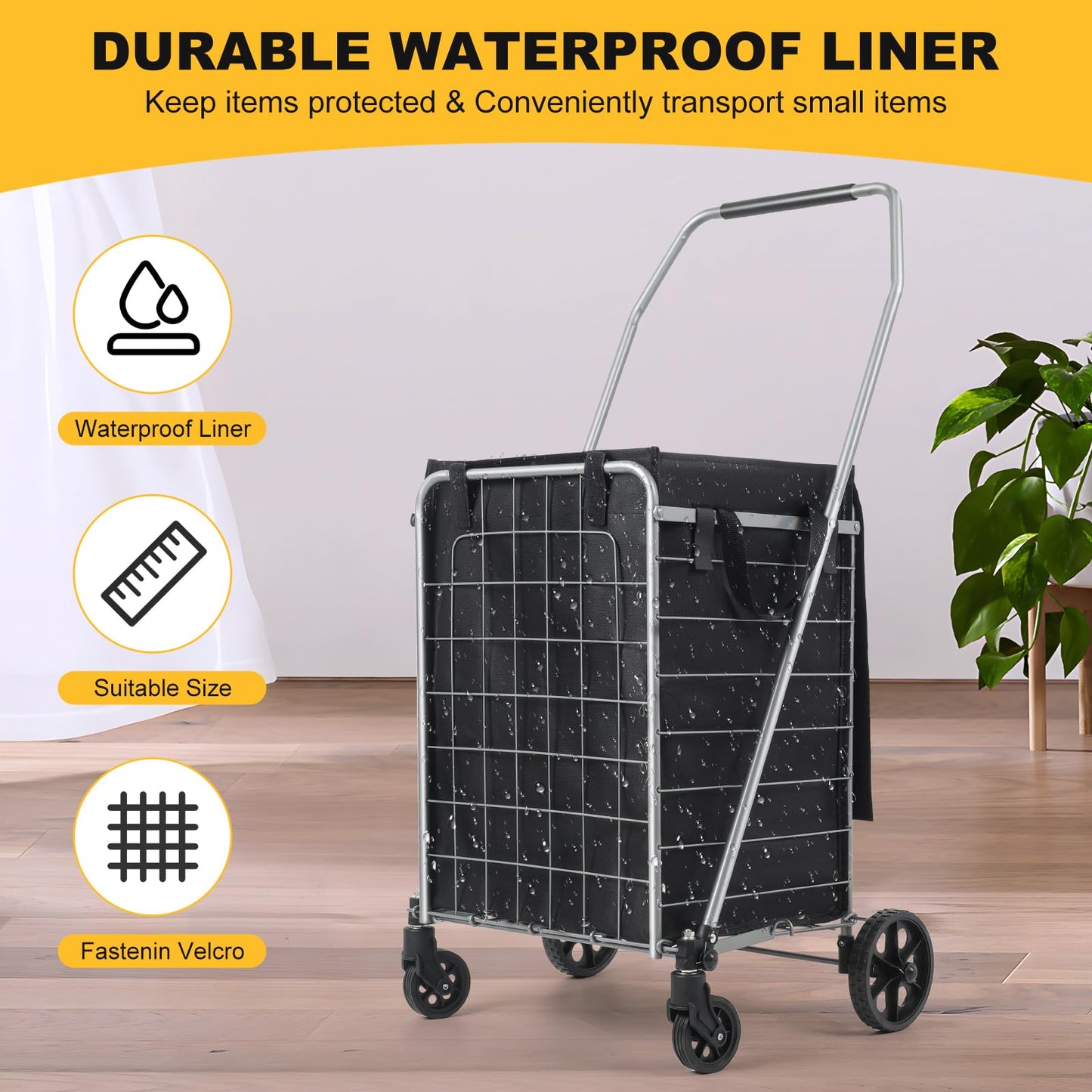 Shopping Cart with 360° Rolling Swivel Wheels, Portable Utility Cart for Grocery, Folding Shopping Cart with Waterproof Basket Liner, Collapsible Cart 120lbs, Sliver