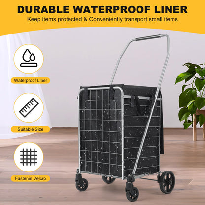 Shopping Cart with 360° Rolling Swivel Wheels, Portable Utility Cart for Grocery, Folding Shopping Cart with Waterproof Basket Liner, Collapsible Cart 120lbs, Sliver