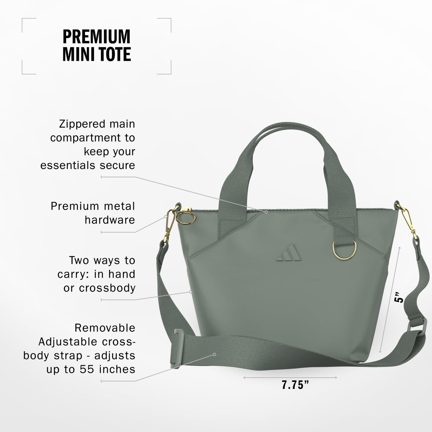 adidas Mini Tote (5L) Small Compact Durable Travel Crossbody Carry Bag, Premium/Silver Green/Gold Metallic, One Size