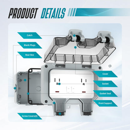 Outdoor Outlet Box with 16.4Ft Extension Cord,NEMA 5-15R,IP66 Waterproof Outdoor Outlet Box w/Lockable Cover & LED Indicator (Double Plug Socket) -Perfect for Gardens, Yards & Sports Fields
