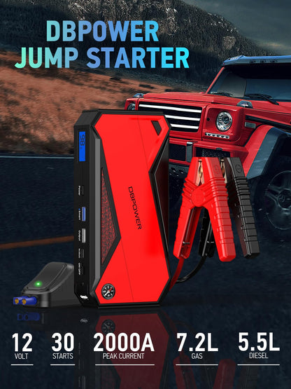 DBPOWER Peak 2000A 18000mAh Portable Car Jump Starter (up to 7.2L Gas, 5.5L Diesel Engine) Battery Booster with Smart Charging Port, Compass, LCD Screen and LED Light (Black/Red)