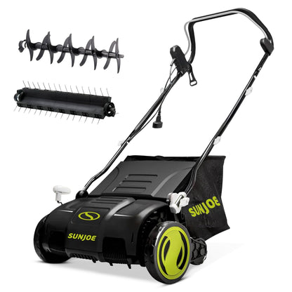 Sun Joe Electric Lawn Dethatcher & Scarifier with 13.2-Gal Bag, 13 Amp, 15 Inch, Black/Green - Heavy Duty Gardening Machine and Equipment for Lawn, Yard, and Grass, AJ805E