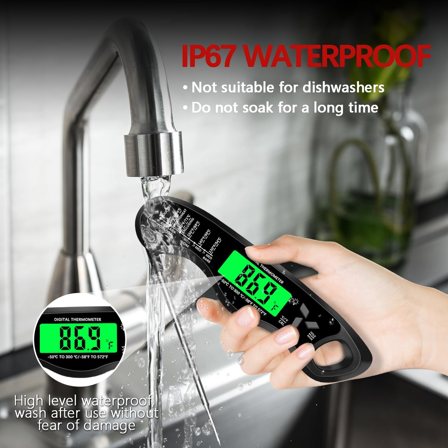 Meat Thermometer Digital，IP67 Waterproof Cooking Thermometer with Backlight, Calibration & Hold Function，Food Thermometer for Cooking,Outdoor Grilling，Suitable as Stocking Stuffers for Men