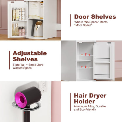 EasyCom Vanity Desk with Rotating Jewelry Organizers, Makeup Vanity with Mirror and Lights, Dressing Table with USB-C Charging Station, 3 Drawers and 2 Cabinets for Bedroom, Dressing Room, White