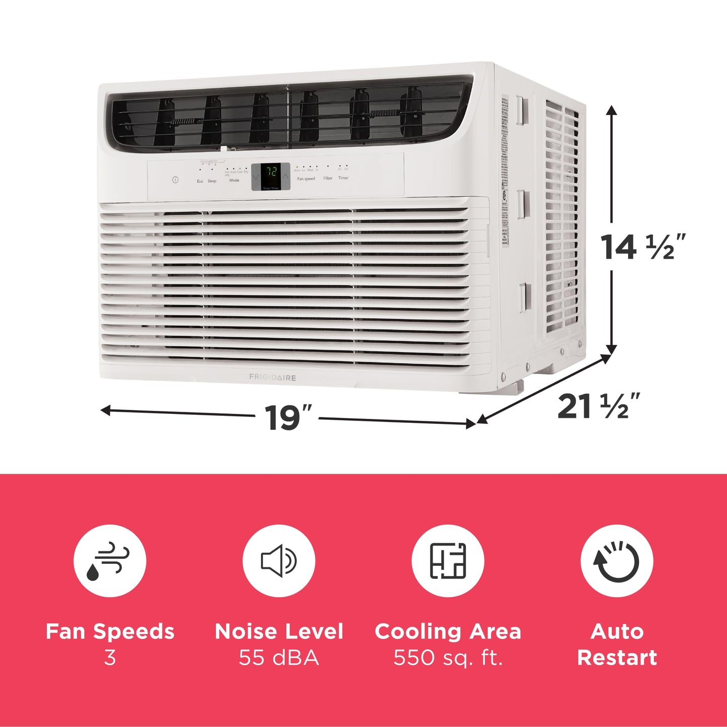 Frigidaire 12,000 BTU Window Air Conditioner with Remote Control, Cools Up to 550 Sq. Ft., Quiet Operation, Eco Mode, 3 Fan Speeds, Auto Restart, White