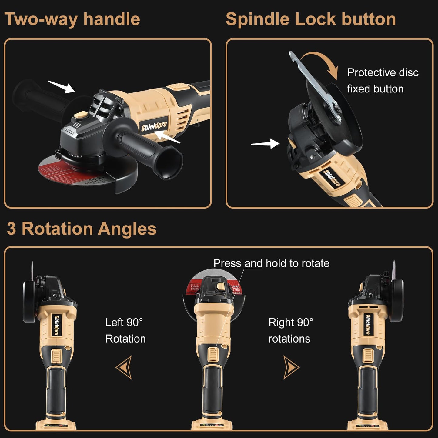 Shieldpro Cordless Angle Grinder 4-1/2 inch,3 Variable Speeds Grinder with Rotating head,2×20V 4.0Ah Batteries，Grinder Tool For Metal Cutting, Grinding, Polishing, Rust Removal