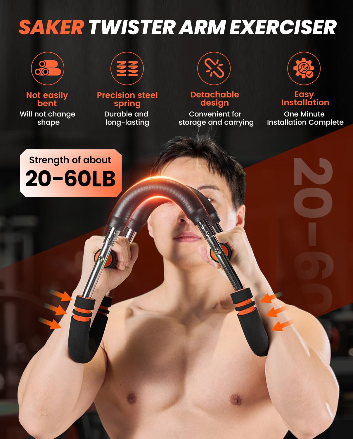 2026 New Saker Power Twister Arm Trainer, Adjustable Chest Workout Equipment,Forearm Strengthener, Arm Exercise Gift for Home Gym, for Men, Ideas for Fitness Enthusiasts (20-60lb)