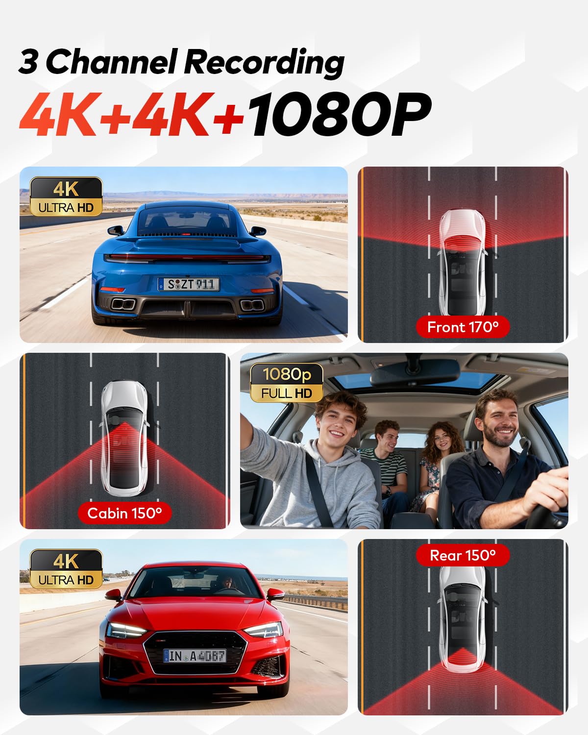 TERUNSOUl 4K+4K+1080P 3 Channel Dash Cam Front and Rear with Cabin, Free 128GB Card Included, 5.8GHz WiFi6 - up to 20MB/s, IR Night Vision, Built-in GPS, G-Sensor, 24H Parking Mode, Support 512GB Max