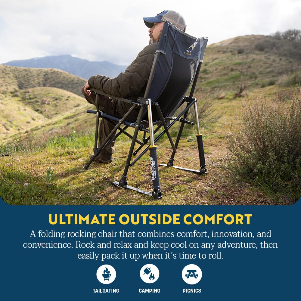GCI OUTDOOR RoadTrip Rocker Camping Chair | Portable, Folding Rocking Chair with Solid, Durable Armrests, Drink Holder & Comfortable Extended Backrest — Indigo Blue