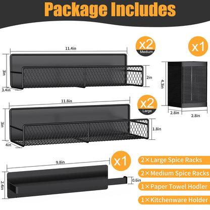 Magnetic Spice Rack for Refrigerator, 6 Pack 100% Metal Strong Magnet Shelf Black, Space Saving Spice Organizer, Home Kitchen Laundry Room Storage Organization W/ Paper Towel Holder, Utensils Racks