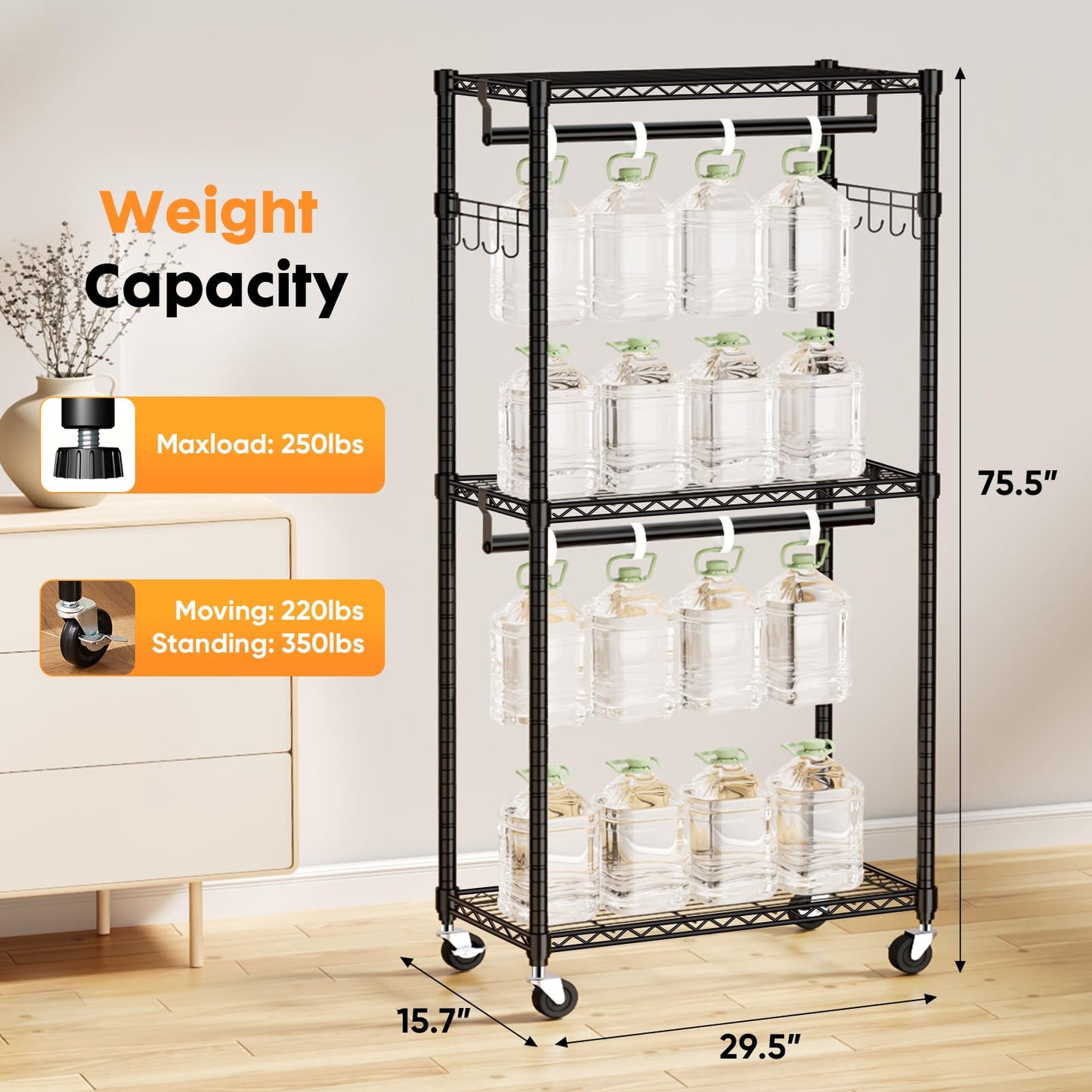 Sweetcrispy Medium Rolling Clothes Rack, Heavy Duty Garment Racks 3 Tiers Portable Adjustable Wire Shelves with Wheels, Hanging Rods, Hooks Freestanding Clothing Wardrobe Closet (15.7"Lx29.5"Wx75.5"H)