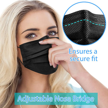 Egook Black Disposable Face Masks, 100 Pack 3 Ply Protection Face Mask, Soft Breathable Disposable Masks For Adults, Male-Female, Teenagers, Daily Use, Outdoors, School and Office