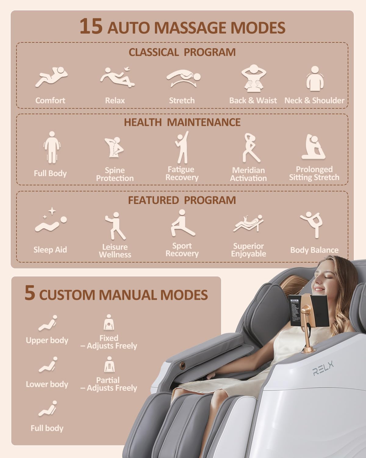 RELX 2025 Massage Chair Full Body, 20 Modes Zero Gravity SL-Track Shiatsu Massage Chair Built-in Heat System, Airbag Massage with Body Scan, Deep Yoga Stretch, Calfrest Extension and AI Control(White)