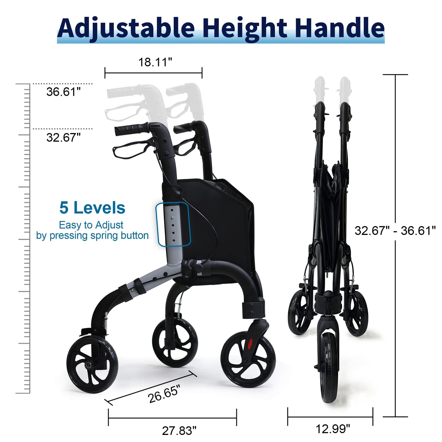 Premium 3 Wheel Rollator Walker for Seniors, Lightweight Foldable Elderly Three Wheeled Rollator with Storage Bag, Aluminum Mobility Aid Rolling Walker