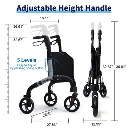 Premium 3 Wheel Rollator Walker for Seniors, Lightweight Foldable Elderly Three Wheeled Rollator with Storage Bag, Aluminum Mobility Aid Rolling Walker
