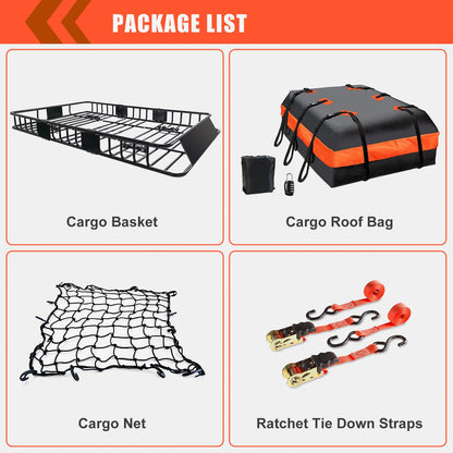 MeeFar Roof Rack Carrier Basket Universal Rooftop 65" X 39" X 6" Large Size Roof Rack + Waterproof Bag 20 Cubic Feet (51" 40" 17"), and Cargo Net with Attachment Hooks, Ratchet Straps