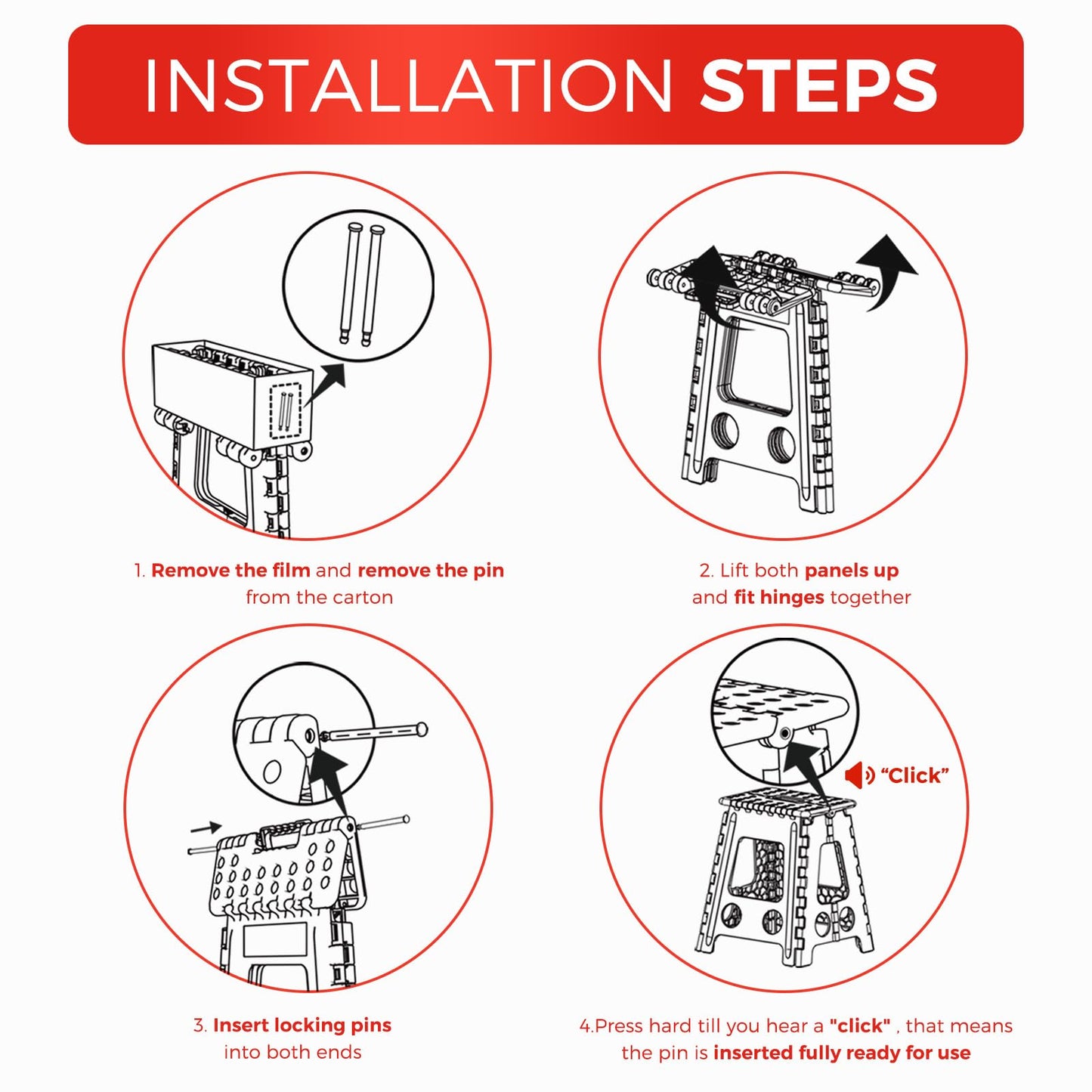 ACKO Folding Step Stool Foldable 16 Inch Stool 400 lbs Capacity,Plastic Stools for Adults and Kids,Collapsible Stool for Kitchen, Stepping Stool with Handle,Black,1 PC