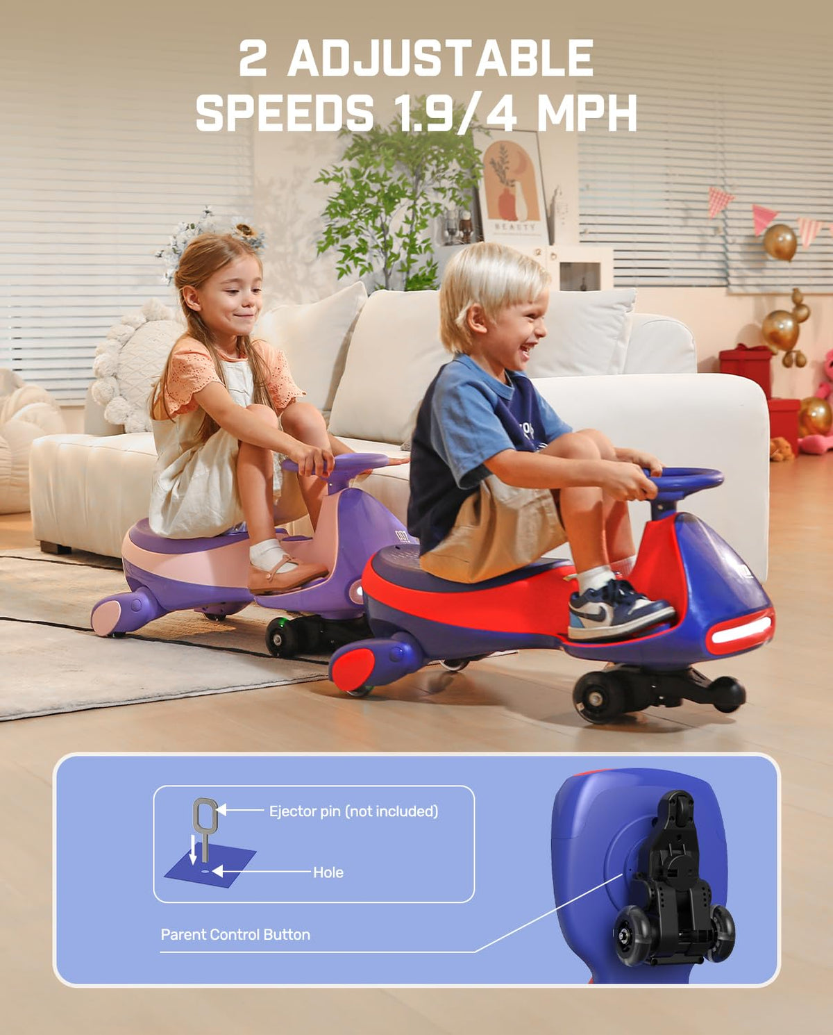 FanttikRide N7 Pro Electric Wiggle Car with Pedal, Rechargeable Battery, CyberWiggle, 2 in 1 Swing Car, 2 Speeds Max 4 Mph, Anti-Rollover, Flashing Wheels, Bluetooth, for Ages 3 and Up, 150 Lbs, Blue