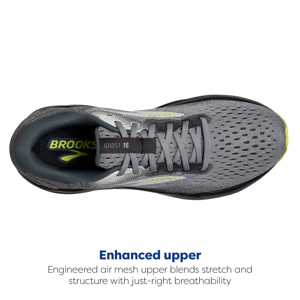 Brooks Men’s Ghost 16 Neutral Running Shoe - Primer/Grey/Lime - 9 Medium