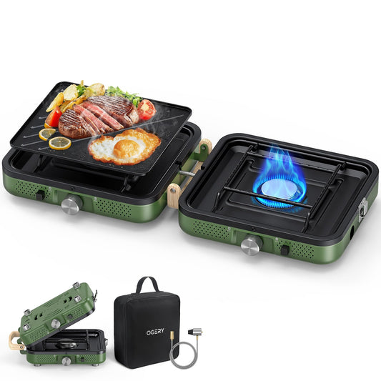 OGERY 2-Burner Foldable Camping Stove with Griddle (Textured & Smooth) and Carrying Bag, Portable Propane Camp Stove with 2 Adjustable Burners & Piezo Ignition, for Camping Tailgating Essentials Gear