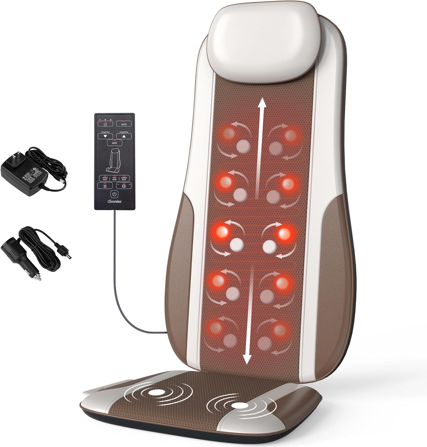 comrelax Shiatsu Back Massager with Heat, Massage Chair Pad Seat Cushion for Stress Relief, Deep Tissue Kneading & Roller, 2 Vibration Motors, Back Waist Hip Massager, PU Leather, with 2 Adapters